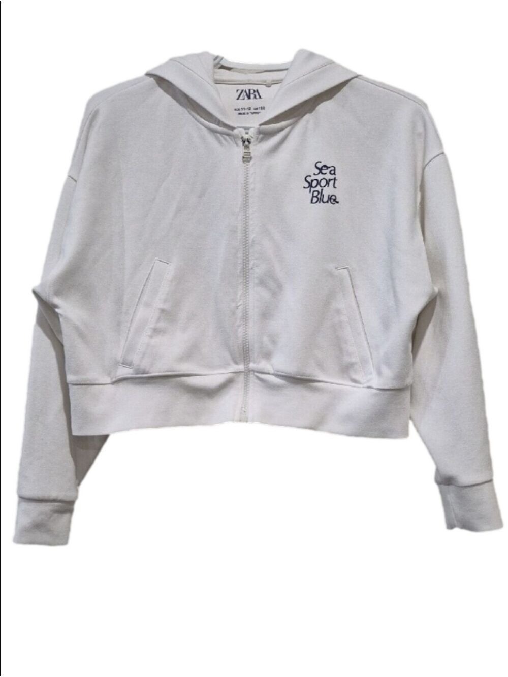 Zara "Sea Sport Blue" White Cropped Zip-Up Hoodie Sweatshirt Size 11-12